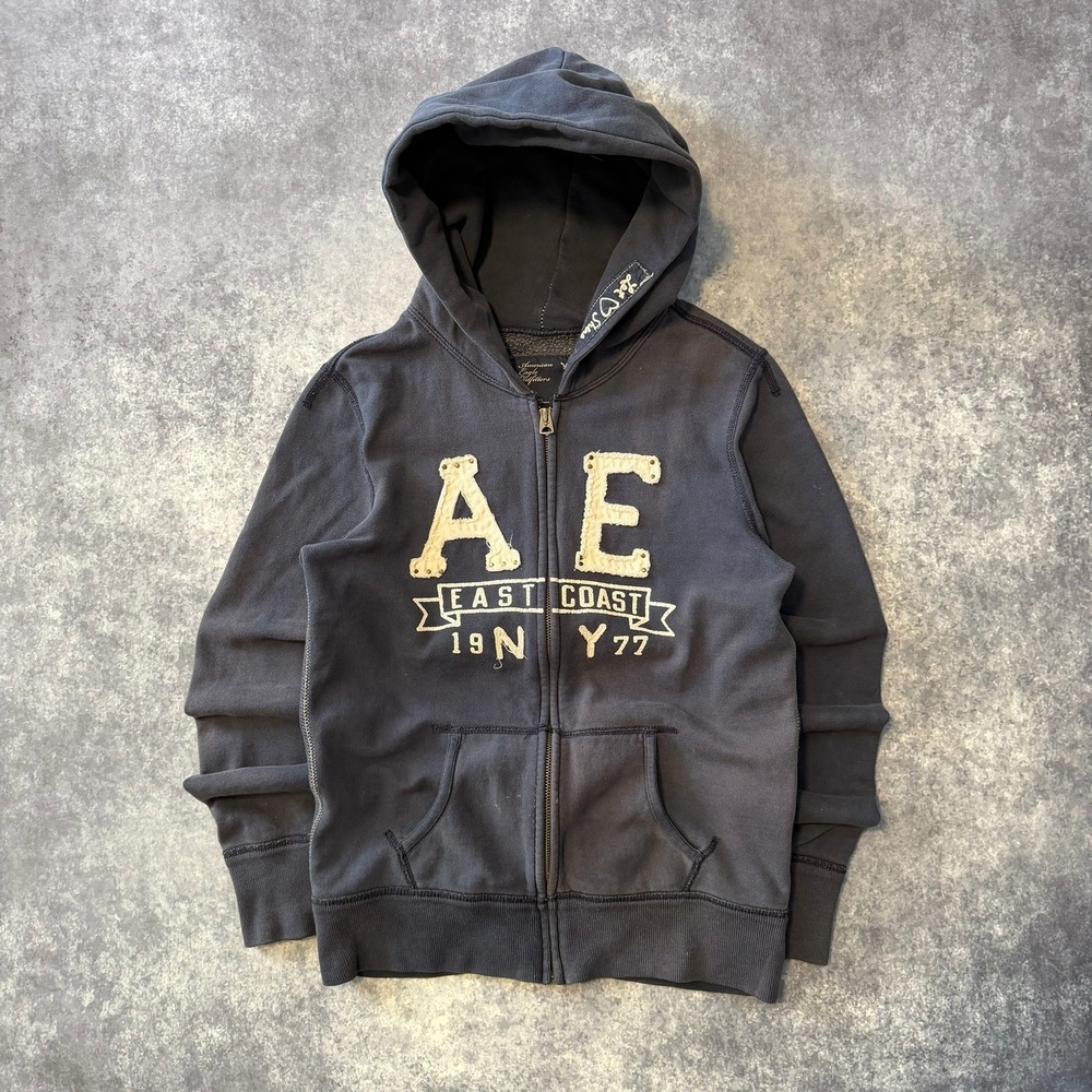 Y2K American Eagle Outfitters Womens Full Zip Hoodie Navy Blue East Coast NY S/P
